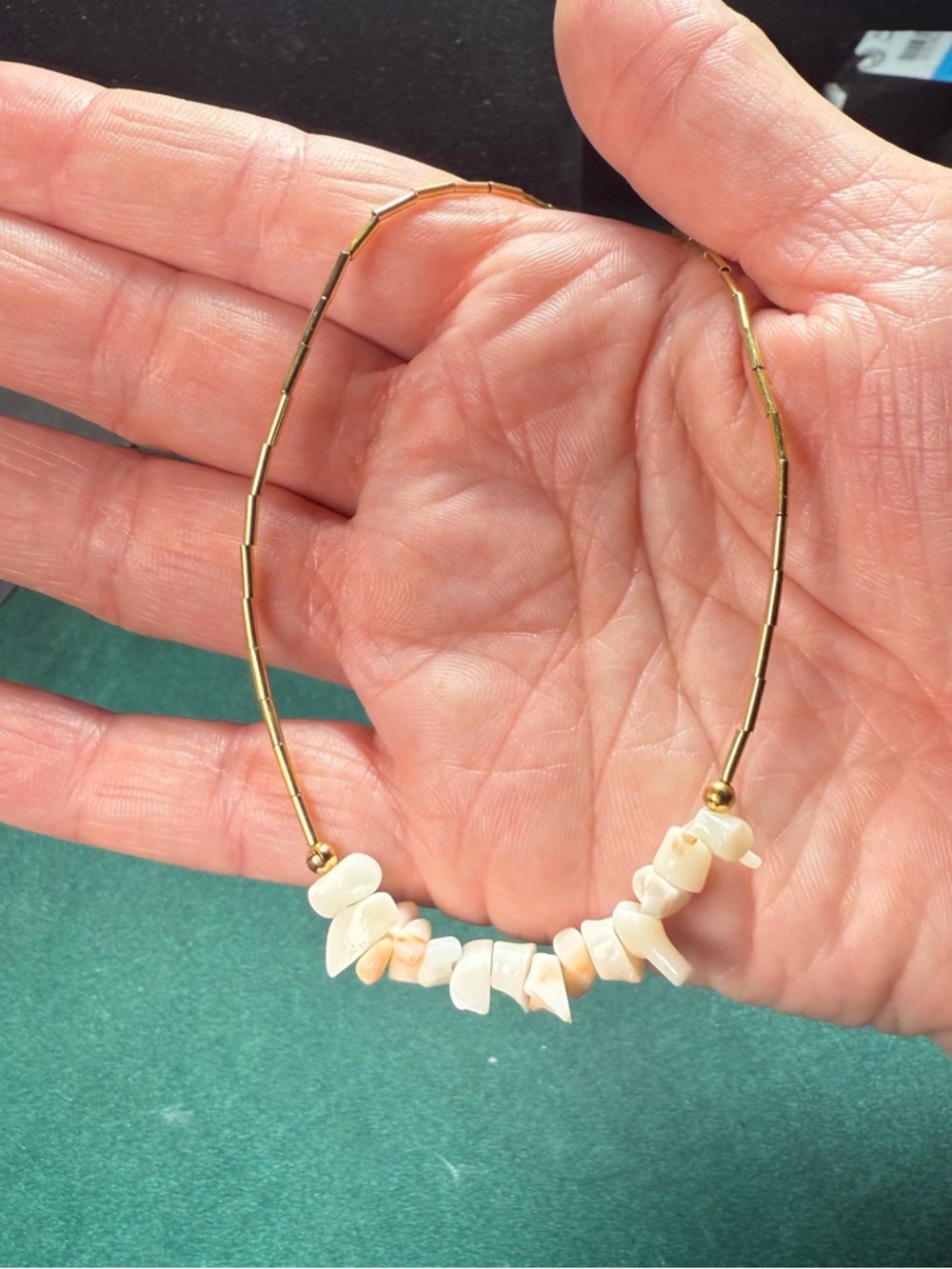 Delicate Choker Style Gold Tone Necklace with Cream Shell Chip Accents - Picture 6 of 6